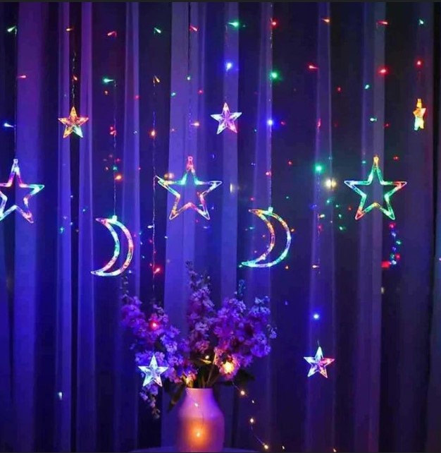 Stars & Crescent Curtain - Rainbow Fairy Lights